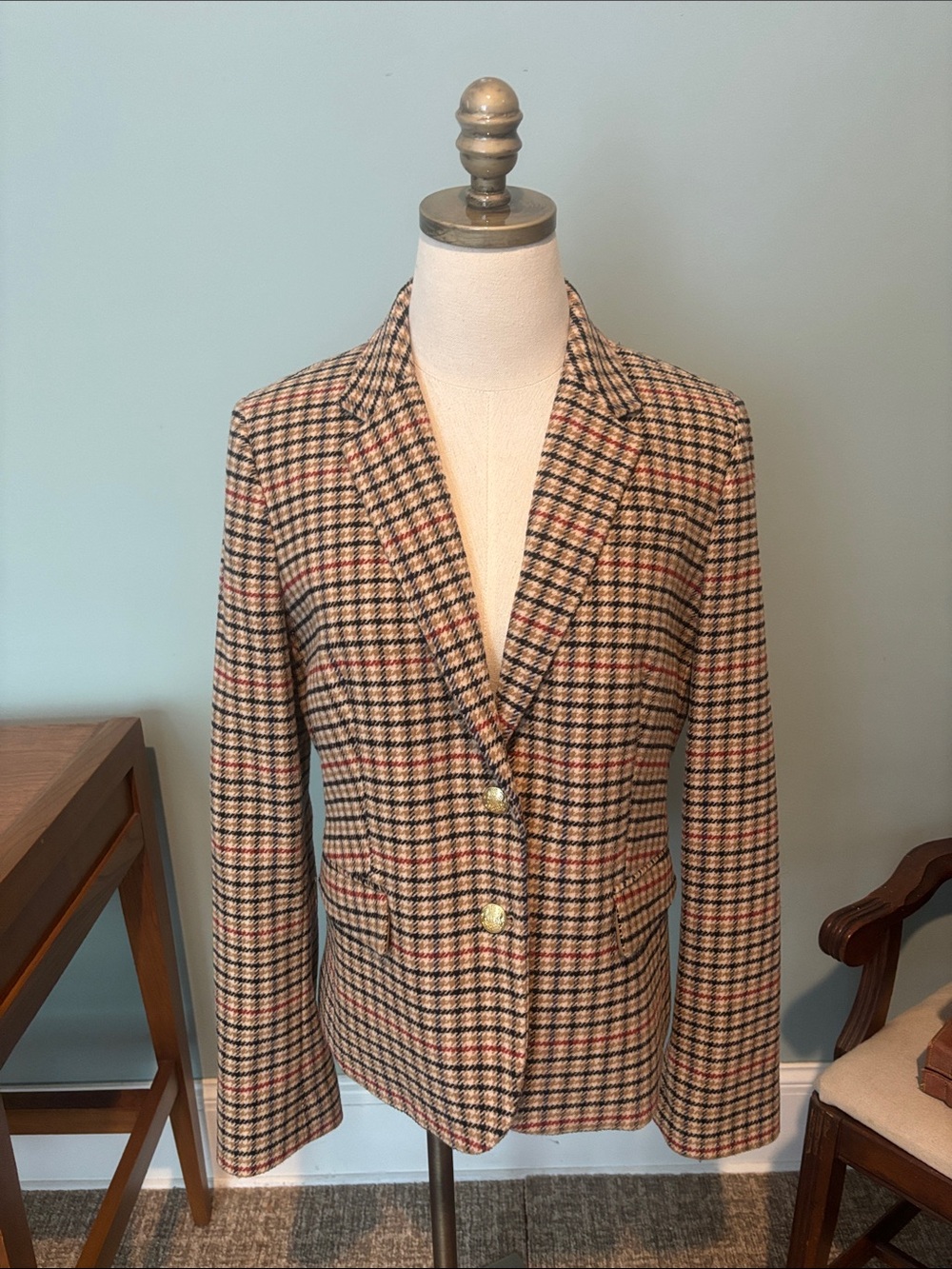 J. Crew Tan Checked Wool Blazer with Red Accents